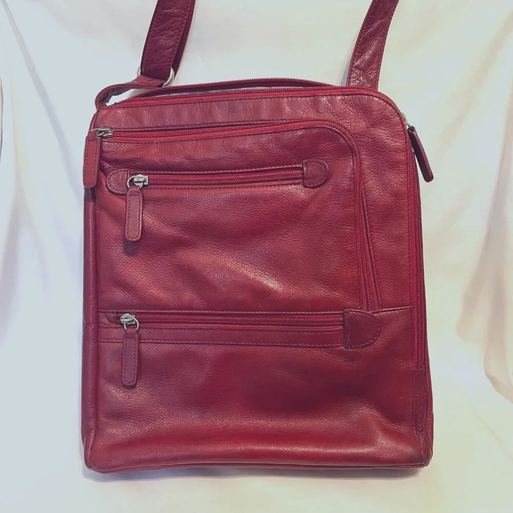 Levenger Red Leather Crossbody I pad/Small Laptop Bag/Purse-Pockets-Adjust Strap